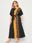 Women Plus Size Leopard Colorblock Belted Dress