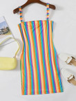 Women Plus Size Frill Straps Rainbow Striped Bodycon Dress