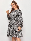 Women Plus Size Leopard Print Frill Trim Smock Dress