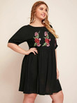 Women Plus Size Floral Embroidery Babydoll Dress