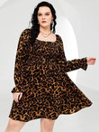 Women Plus Size Leopard Print Shirred Bust Flounce Sleeve Dress