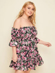 Women Plus Size Allover Floral Frill Bardot Dress
