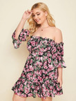 Women Plus Size Allover Floral Frill Bardot Dress