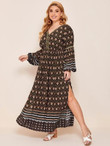Women Plus Size Lantern Sleeve Split Hem Geo Print Dress