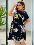 Women Plus Size Floral Print Tassel Hem Belted Dress