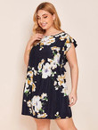 Women Plus Size Chiffon Floral Ruffle Trim Babydoll Dress