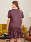 Women Plus Size Puff Sleeve Flounce Hem PU Leather Dress