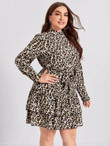 Women Plus Size Mock Neck Leopard Print Belted Dress