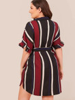 Women Plus Size V-collar Ruffle Cuff Curved Hem Belted Striped Dress