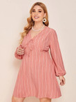 Women Plus Size Striped Polka Dot Tie Front Lantern Sleeve Dress