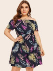 Women Plus Size Tropical Print Bardot Flare Dress