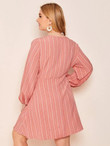 Women Plus Size Striped Polka Dot Tie Front Lantern Sleeve Dress