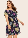 Women Plus Size Tropical Print Bardot Flare Dress