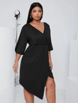 Women Plus Solid Asymmetrical Hem Surplice Front Slit Sleeve Dress