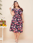 Women Plus Size Allover Floral Belted Dress