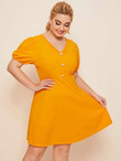 Women Plus Size Puff Sleeve Buttoned Front Dress