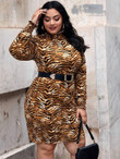 Women Plus Size Tiger Print Shirred Frill Fitted Dress Without Belted