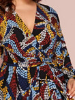Women Plus Size Allover Print V-neck Blouson Sleeve Belted Dress