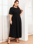 Women Plus Size Textured Sleeve Boxy Pleated Front Solid Dress