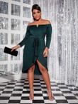 Women Plus Size Glitter Wrap Hem Belted Bardot Dress