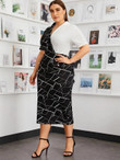 Women Plus Size Notch Collar Geo Print Two Tone Pencil Dress