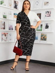 Women Plus Size Notch Collar Geo Print Two Tone Pencil Dress