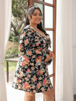 Women Plus Size Allover Floral Print Knot Front A-line Dress