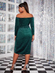 Women Plus Size Glitter Wrap Hem Belted Bardot Dress