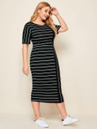 Women Plus Size Striped Bodycon Dress