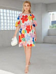 Women Plus Allover Floral Puff Sleeve Smock Dress