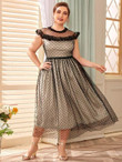 Women Plus Size Lace Ruffle Trim Polka Dot Flocked Mesh Dress