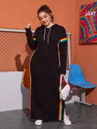 Women Plus Size Drawstring Detail Split Back Rainbow Striped Tape Hooded Dress