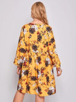 Women Plus Size Lace Up Front Floral Print Smock Dress