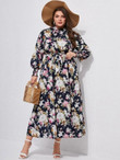 Women Plus Size Floral Print Lantern Sleeve Shirred Cuff Belted Dress