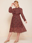 Women Plus Size Ditsy Floral Print Button Front Belted Dress