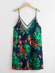 Women Plus Size Double V-Neck Tropical Print Slip Dress