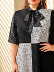 Women Plus Size Flounce Sleeve Tie Neck Galaxy & Dalmatian Print Dress