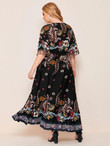 Women Plus Size Tassel Cuff Ruffle Hem Floral Print Dress