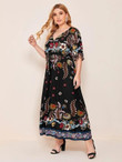 Women Plus Size Tassel Cuff Ruffle Hem Floral Print Dress