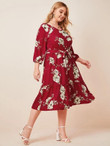 Women Plus Size Ruffle Hem Floral Print Belted Dress