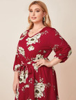 Women Plus Size Ruffle Hem Floral Print Belted Dress