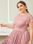 Women Plus Size Flutter Sleeve Hanky Hem Embroidered Mesh Overlay Dress