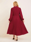 Women Plus Size Notched Collar Lantern Sleeve Belted Pleated Dress