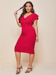 Women Plus Size Ruffle Trim V-neck Ruched Fitted Dress