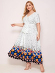 Women Plus Size Surplice Neck Self Belted Floral and Polka Dot Dress