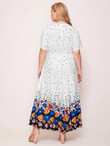 Women Plus Size Surplice Neck Self Belted Floral and Polka Dot Dress