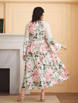 Women Plus Size Floral Print Contrast Lace Trumpet Sleeve Chiffon Dress