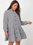 Women Plus Size Button Front Gingham Smock Dress