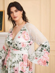 Women Plus Size Floral Print Contrast Lace Trumpet Sleeve Chiffon Dress