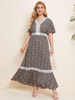 Women Plus Size Guipure Lace Trim Ditsy Floral Print Dress
